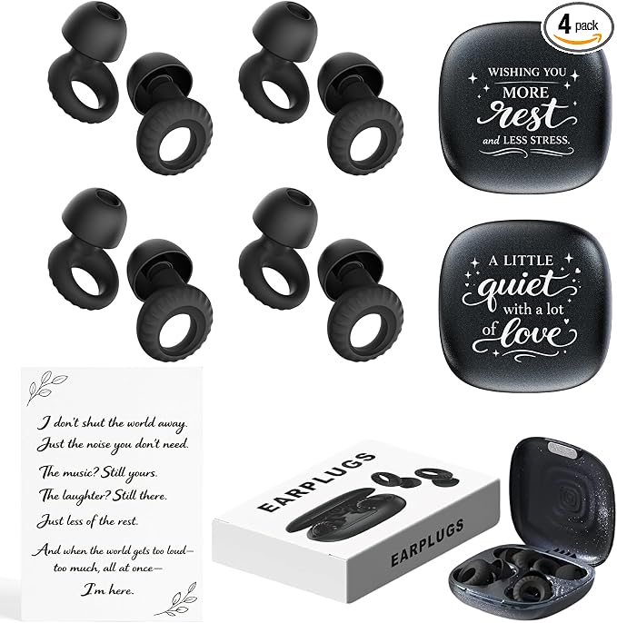 Noise Cancelling Ear Plugs for Sleeping, Concerts, Travel & Parents – Reusable Silicone Earplugs for Noise Reduction & Hearing Protection – 4 Pairs, Black + Black