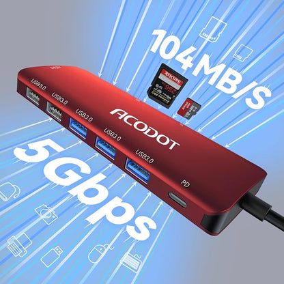 USB C Hub, 9-in-1 Multi-Port USB Adapter, 4K@60Hz HDMI, 100W Max PD, 3 USB3.0(5Gbps) + 2 USB2.0 Data Ports, SD/TF Card Reader for MacBook, iPad Pro, Dell, HP, Lenovo, Windows Laptop, Red