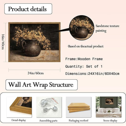 Framed Vintage Floral Wall Art, 3D Textured Sandstone Dark Still Life Flowers Wall Decor Paintings, Rustic Botanical Pictures Prints Aesthetic Home Decor for Living Room Bedroom 16x24 inch