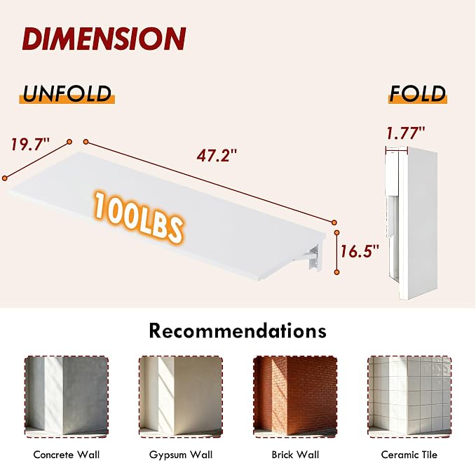 Need Fold Wall Mounted Table Folding Workbench Length 47.2" Width 20" Perfect Addition to Garage & Shed/Home Office/Laundry Room/Home Bar/Kitchen & Dining Room White AC15-12050WW-ND
