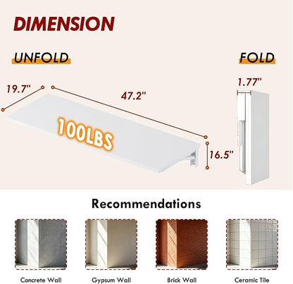 Need Fold Wall Mounted Table Folding Workbench Length 47.2" Width 20" Perfect Addition to Garage & Shed/Home Office/Laundry Room/Home Bar/Kitchen & Dining Room White AC15-12050WW-ND