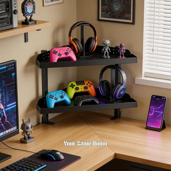 CanKing Corner Desk Clamp Shelf 16 Inch 2 Tier Adjustable Storage Rack | Sturdy metal organizer saves space, fits securely on or under corner of table for office, gaming & cubicle