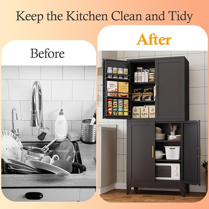 Black Pantry Storage Cabinet, 75" Kitchen Pantry with Doors and 3 Adjustable Shelves, Metal Freestanding Buffet Cupboards Sideboard, for Office, Home, Garage, School