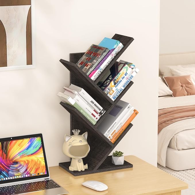 SHEEPAM 5 Tier Tree Book Shelf, Small Desktop Bookshelf with Storage Organizer, Wood Bookcase, Desk Display Bookshelves, Floor Standing Organizer Bookcases for Living Room,Bedroom,Office-Dark Grey