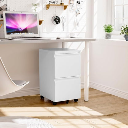 2 Drawer File Cabinet with Lock, Small Rolling Filing Cabinet for Home Office, Printer Stand, 2 Drawer Under Desk Filing Cabinet with Wheels for Legal/Letter/A4 (Fully Assembled,White)