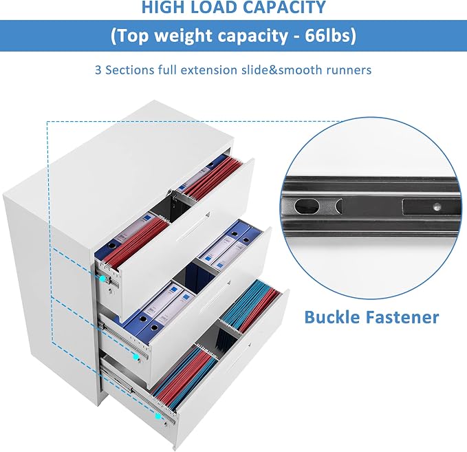 Lateral File Cabinet, 3 Drawers Metal Lockable Filing Cabinet for Commercial Grade Office Legal and Letter File (White)