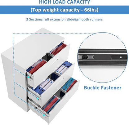 Lateral File Cabinet, 3 Drawers Metal Lockable Filing Cabinet for Commercial Grade Office Legal and Letter File (White)