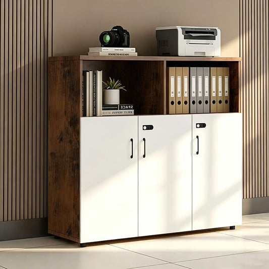 File Cabinet with Password Lock, Wood Lateral Filing Cabinet for Letter/A4 Files, 3 Drawer with Door, Printer Stand with Open Shelves for Home Office