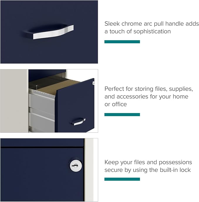 Space Solutions - 2 Drawer Fully Assembled Vertical Steel File Cabinet, Home & Small Office Use, Fits Under Most Desks, Letter-Size, Lock, Mobile, Pearl White/Navy