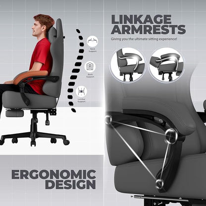 GTPLAYER Big and Tall Gaming Chair 400lbs Heavy Duty Office Chair with Footrest, High Back Pocket Spring Ergonomic Computer Chair for Adults, Wide Seated Cushion with Linkage Armrests, Leather Grey