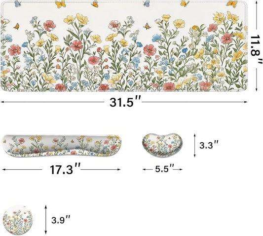 Desk Pad and Keyboard Wrist Rest, Large Mouse Pad + Keyboard Pad+Mouse Wrist Support, Non-Slip Desk Mat Protector for Office, Home 31.5×11.8 Inches Spring Floral