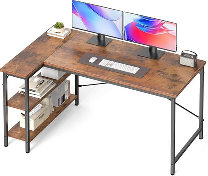 DUMOS 55 Inch L Shaped Gaming Desk Corner Computer Desks Home Office PC Table for Writing Working Study Bedroom with Reversible Storage Shelves Rustic Brown