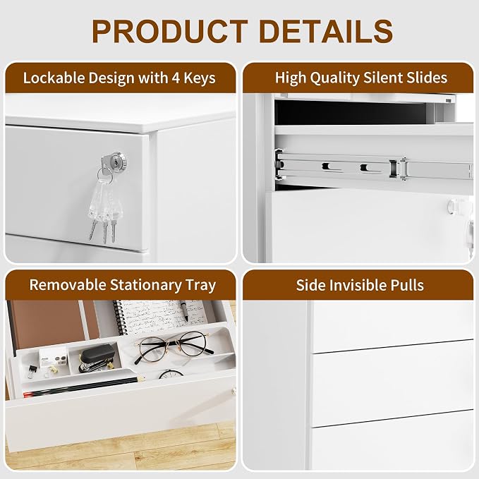 3 Drawers File Cabinet with 3 Lock, Mobile Metal Filing Cabinet, Fully Assembled Except Casters, for Home Office, for A4, Letter, Legal File Folders, White