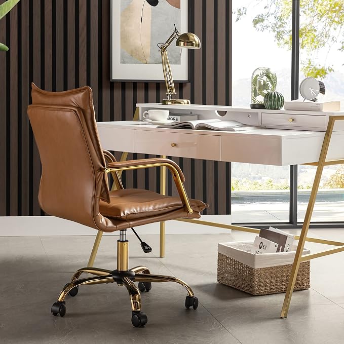 HULALA HOME Faux Leather Home Office Desk Chair, Adjustable Swivel Computer Chair with Golden Legs and Arms, Comfy Upholstered Task Chair,Camel