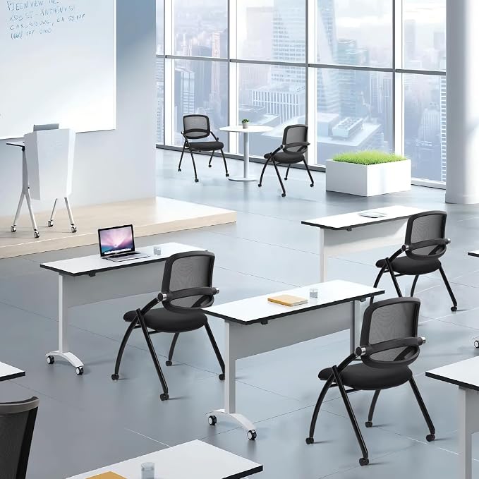 CLATINA Stackable & Foldable Conference Chair with Wheels, Ergonomic Mesh Back,300lbs Capacity, Breathable Padded Seat, Armless Office Chair for Reception, Training, Home Office, Black, 10PK