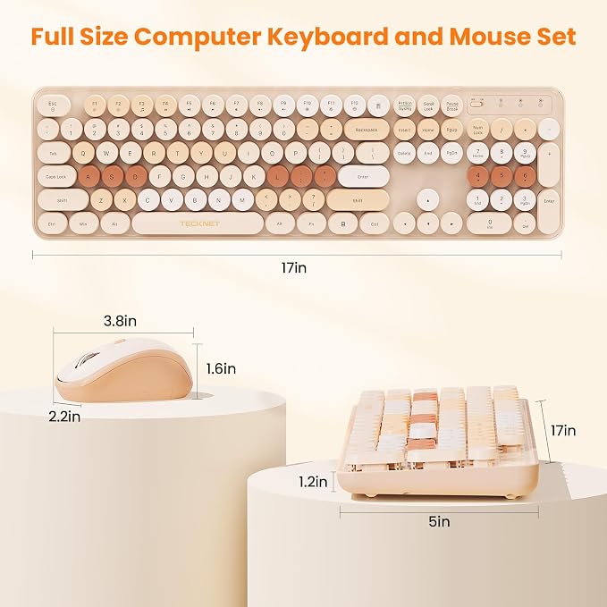 TECKNET Wireless Keyboard and Mouse Combo, Dual Bluetooth & 2.4G, Full Size Retro Typewriter Keyboard with Number Pad, Quiet Round Keys, Colorful Design for Laptop, PC, Tablet, Home Office