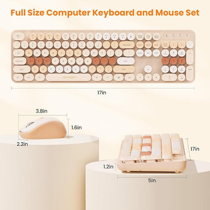 TECKNET Wireless Keyboard and Mouse Combo, Dual Bluetooth & 2.4G, Full Size Retro Typewriter Keyboard with Number Pad, Quiet Round Keys, Colorful Design for Laptop, PC, Tablet, Home Office