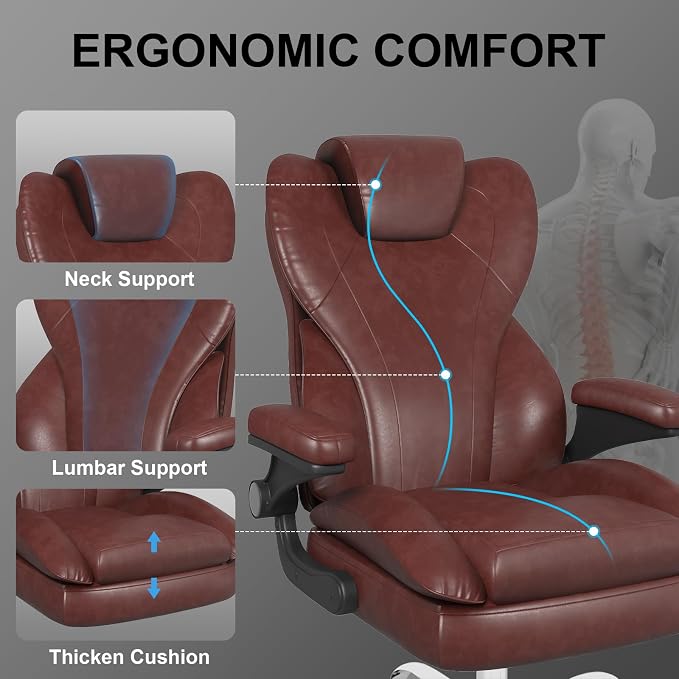 Office Chair, Home Desk Chair, Ergonomic Computer Chair with Lumbar Support, Executive Leather Chair with Flip-Up Armrests, Big and Tall Swivel Rolling Chair, Brown
