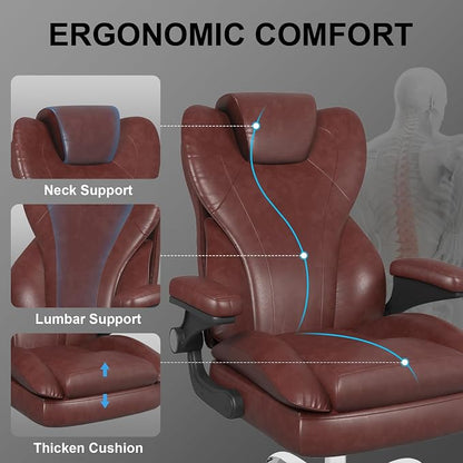 Office Chair, Home Desk Chair, Ergonomic Computer Chair with Lumbar Support, Executive Leather Chair with Flip-Up Armrests, Big and Tall Swivel Rolling Chair, Brown