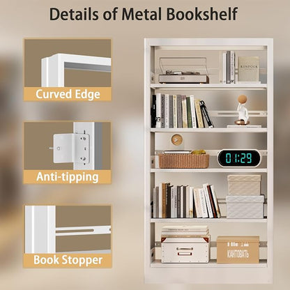 5 Tier White Metal Bookshelf, 71" H Bookcase with Adjustable Shelves, Heavy Duty Storage Bookshelves Tall Bookcase for Library, Office, Living Room, Classroom, Including Book Stopper(White)