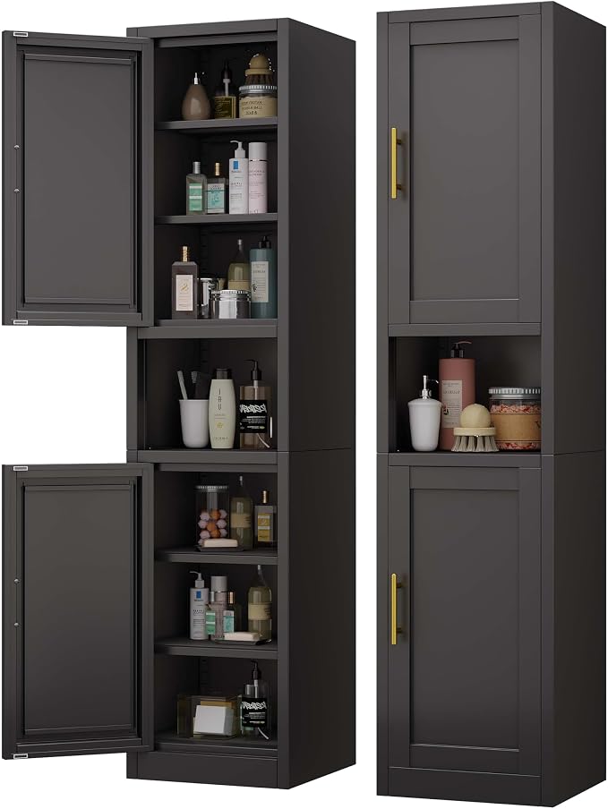 pozdeg 67" Tall Narrow Storage Cabinet Metal Bathroom Cabinet with 2 Doors & 4 Adjustable Shelves, Standing Pantry Cabinets Cupboard for Kitchen, Dining Room, Living Room and Bathroom (Black)