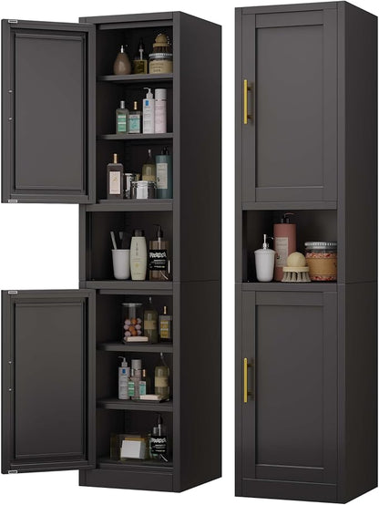 pozdeg 67" Tall Narrow Storage Cabinet Metal Bathroom Cabinet with 2 Doors & 4 Adjustable Shelves, Standing Pantry Cabinets Cupboard for Kitchen, Dining Room, Living Room and Bathroom (Black)