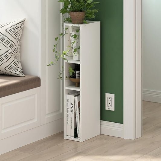 Furinno Fulda Book Shelf, 3-Tier Narrow Bookshelf, Bookcase with 6-in Width Storage Shelf, 9.3 x 5.9 x 31.5, for Living Room, Bedroom, Home Office, White