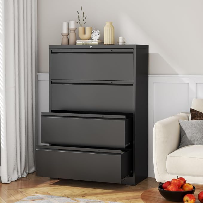 Lateral File Cabinet, 4 Drawer Lateral File Cabinet with Lock, Metal Lateral Filing Cabinet for Home Office, Office Organization Cabinet for Letter/Legal/F4/A4 Size