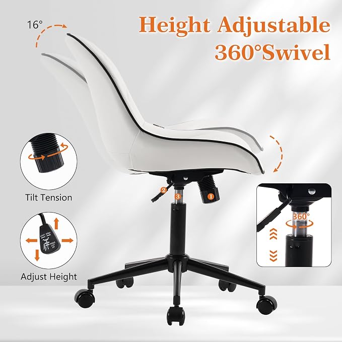 Rowill Modern Office Chair - Ergonomic Swivel Leather Desk Chair with Curved Backrest, Height Adjustable Rolling with Wheels, Perfect for Study Room & Office, White