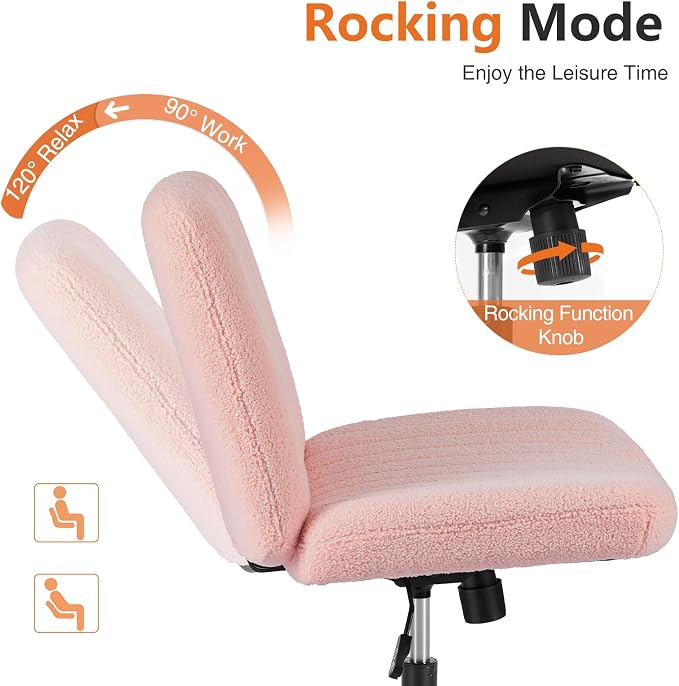 Sweetcrispy Criss Cross Chair Legged, Furry Armless Office Swivel Desk Chairs No Wheels, Vanity Height Adjustable Wide Seat Comfy Cute Computer Task Chair for Home Bedroom, Teddy Pink