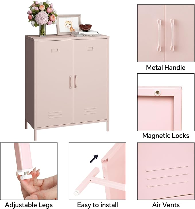 Steehoom Metal Storage Cabinet with 2 Door and Shelves, Metal Pink Locker Cabinet Console Table for School, Pantry, Dining Room, Office, Garage (Pink, H35.43'')