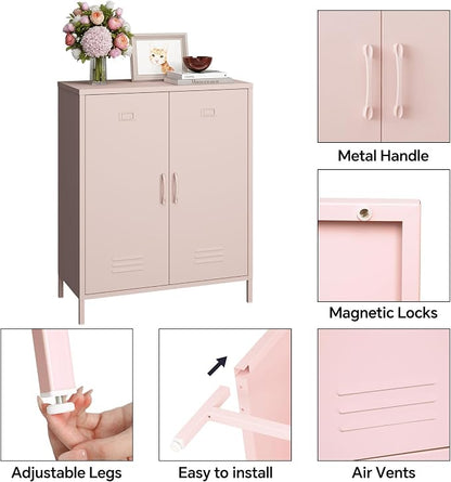 Steehoom Metal Storage Cabinet with 2 Door and Shelves, Metal Pink Locker Cabinet Console Table for School, Pantry, Dining Room, Office, Garage (Pink, H35.43'')
