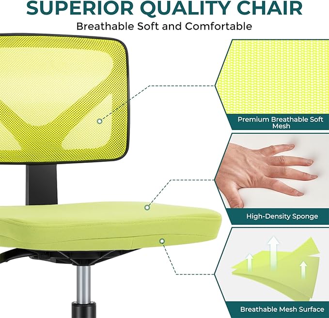 DUMOS Small Desk Chair Armless, Ergonomic Adjustable Home Office Swivel Rolling Task Chair No Arms, Comfy Mesh Mid Back Computer Work Vanity Desk Chiars with Wheels for Small Spaces, Green