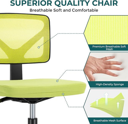 DUMOS Small Desk Chair Armless, Ergonomic Adjustable Home Office Swivel Rolling Task Chair No Arms, Comfy Mesh Mid Back Computer Work Vanity Desk Chiars with Wheels for Small Spaces, Green