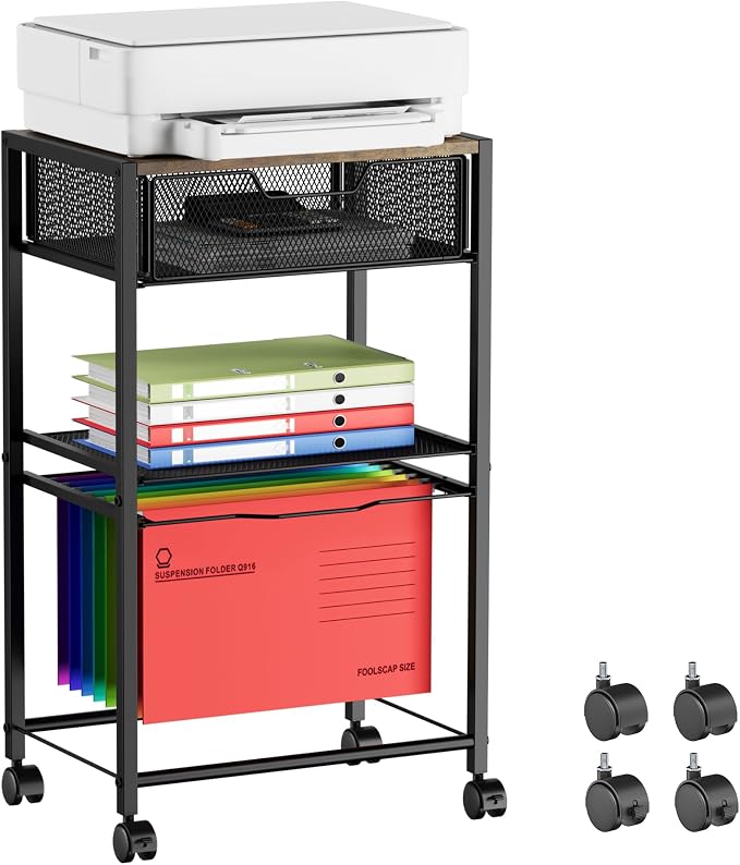 Cawukege 3 Tier Printer Stand, Mobile Table with Wheels, Printer Shelf Rolling Cart with Storage Desk Organizer Hanging File for Office Home, Brown