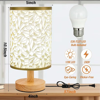 Desk Lamp LED Bulb Included, Small Bedside Table Lamp Plug-in - Classic Wood Base with Flaxen Fabric Shade, Lamps for Night Stands, Simple Nightstand Light for Bedroom, Office, Desk