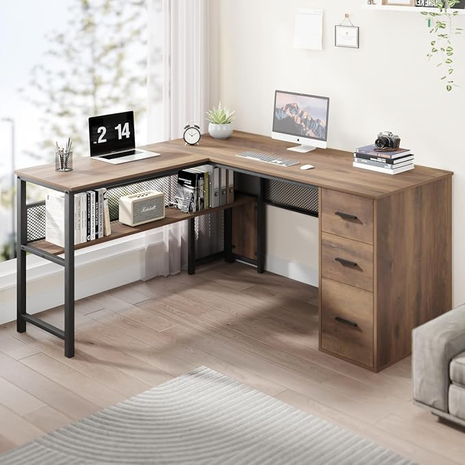LVB Wood L Shaped Desk, Large Computer Office Desk with File Cabinets, Reversible Executive L Shape Gaming Desk with Drawers, Metal Wooden Corner Desk Table with with Storage Shelf, Rustic Oak 59 Inch