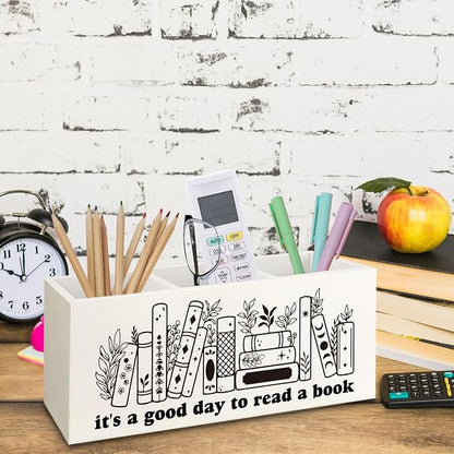 Bookmark Holder Decor Wooden Pen Pencil Holder for Desk, Book Club Gifts It's a Good Day to Read a Book Wood Makeup Brush Toothbrush Holder Organizer for Reading Corner Bedroom