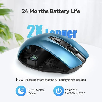 TECKNET Wireless Mouse, 2.4G Ergonomic Optical Mouse, Computer Mouse for Laptop, PC, Computer, Chromebook, Notebook, 6 Buttons, 24 Months Battery Life, 2600 DPI, 5 Adjustment Levels - Azure