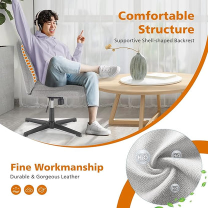 Sweetcrispy Criss Cross Chair Legged, Armless Office Swivel Desk Chairs No Wheels, Vanity Height Adjustable Wide Seat Comfy Cute Computer Task Seating for Home Bedroom, Grey