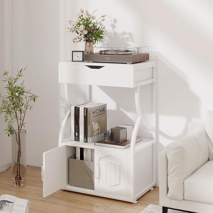 Natwind 3 -Tier Rolling Printer Stand with Filing Cabinet,23.6"x15.8",White | Printer Table with Open Shelf and Drawer,Heavy-duty Home Office Storage on Lockable Wheels for 3d Printer,Scanner and Files