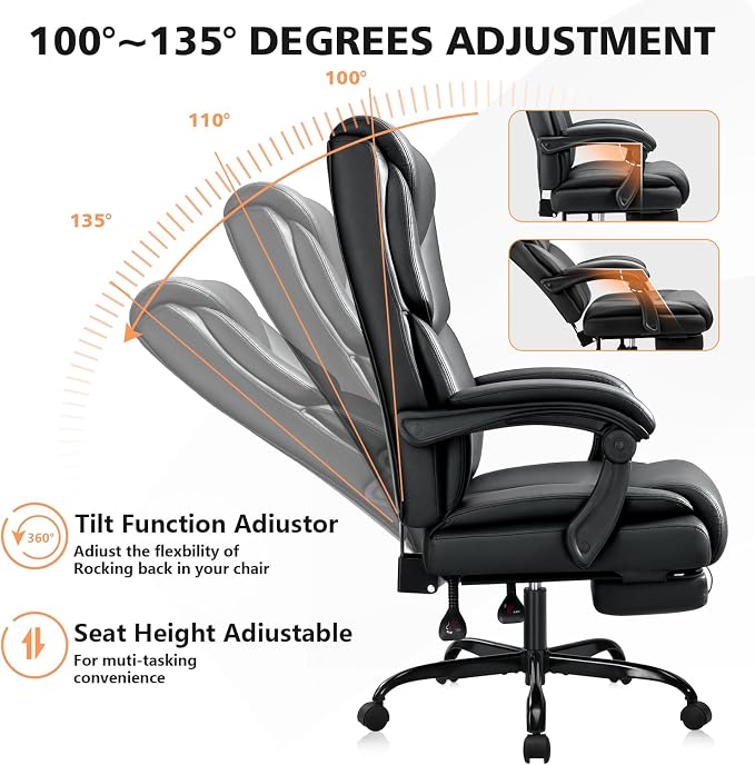 WAILOR 400lbs Office Chair with Foot Rest, Reclining Big and Tall Office Chair with Lumbar Support Spring Cushion, High Back PU Leather Computer Chair,Comfy Desk Chair for Home Office