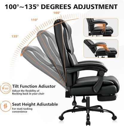 WAILOR 400lbs Office Chair with Foot Rest, Reclining Big and Tall Office Chair with Lumbar Support Spring Cushion, High Back PU Leather Computer Chair,Comfy Desk Chair for Home Office
