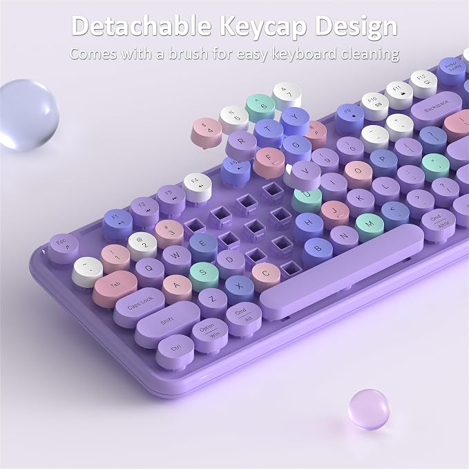 Links9+ Wireless Keyboard and Mouse, Full-Size Retro Typewriter Keyboard with Round Keycaps, 2.4GHz for Windows, Mac, Laptop, PC, Desktop (Purple Colorful)