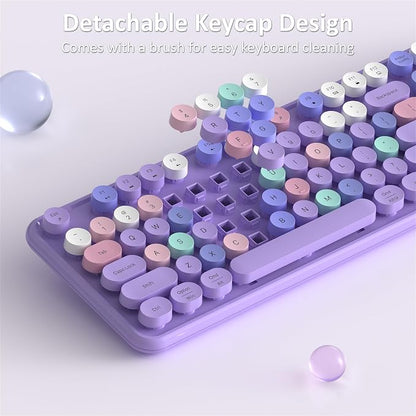 Links9+ Wireless Keyboard and Mouse, Full-Size Retro Typewriter Keyboard with Round Keycaps, 2.4GHz for Windows, Mac, Laptop, PC, Desktop (Purple Colorful)