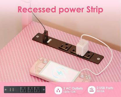 MOTPK 51” Large L Shaped Gaming Desk, Corner Computer Table with Shelf & Hutch, 4 Drawers, Reversible Study Desk with LED Light, Power Outlets & USB Ports, Home Office Table, Carbon Fiber Pink