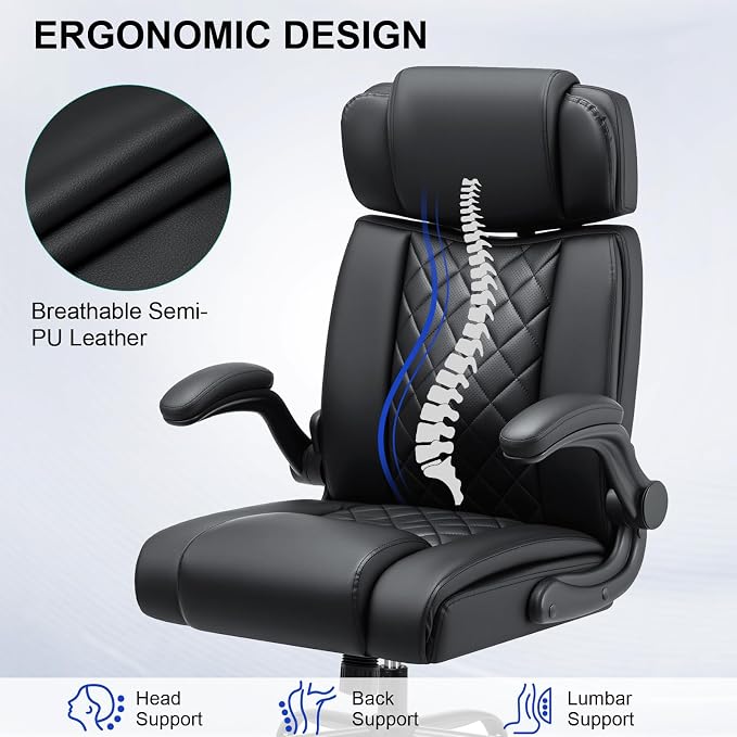 HOFFREE Executive Office Chair Ergonomic Computer Chair Comfy with Adjustable Lumbar Support and Headrest Swivel Rolling Office Chair with Flip-up Arms for Work,Study(Black)