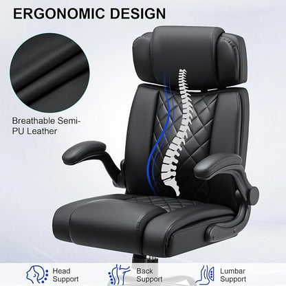 HOFFREE Executive Office Chair Ergonomic Computer Chair Comfy with Adjustable Lumbar Support and Headrest Swivel Rolling Office Chair with Flip-up Arms for Work,Study(Black)