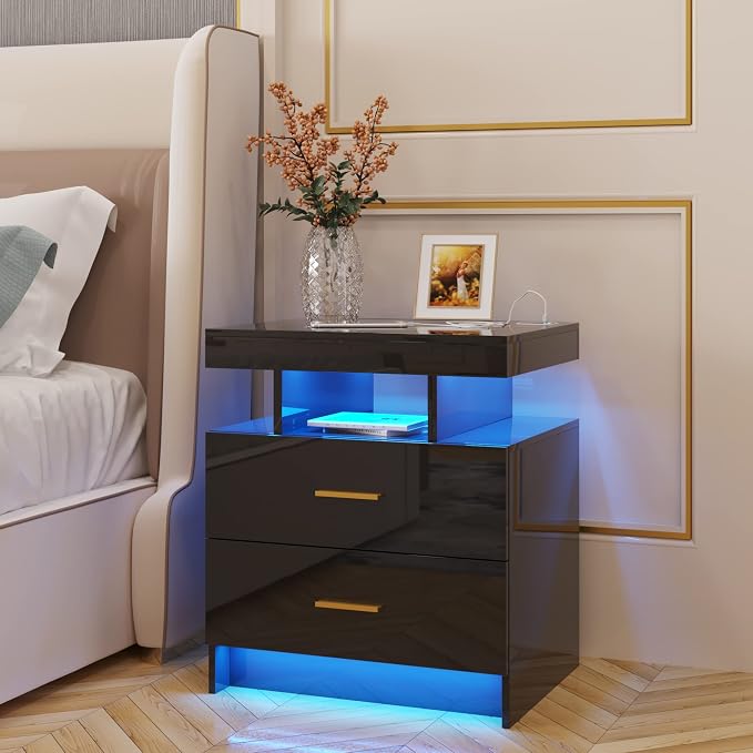 HNEBC Auto LED Nightstands Set of 2,Modern Bedside Table with USB Ports & Wireless Charging Station,High Gloss Bedside Tables with 2 Drawers,Nightstands for Bedrooms/Living Room/Office (Black)