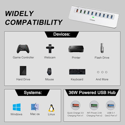 Powered USB Hub 10Gbps, 10 Port USB 3.2 Gen 2 Hub with 7 USB 3.2 Data Ports, 3 Fast Charging Ports, 36W Power Adapter, Type A and Type C Cable, Aluminum USB Hub for Laptop, Mac, PC